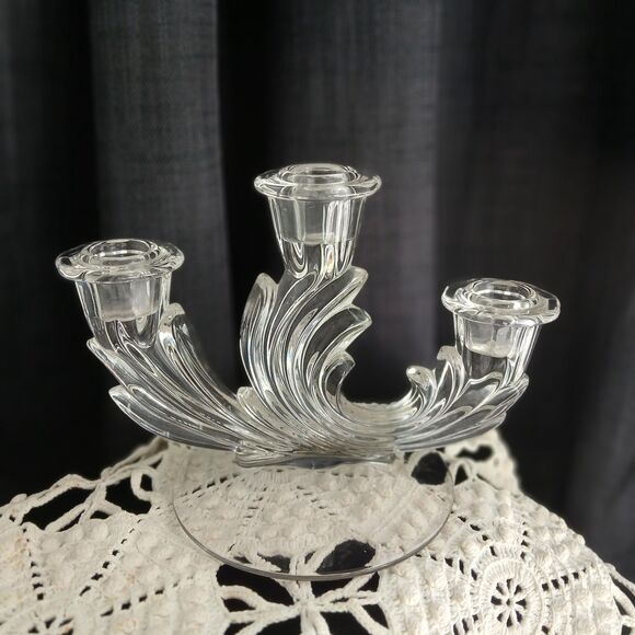 Pair of 3 Light Glass Candlesticks Corsage Clear by Fostoria Vintage 1940s - Picture 2 of 4